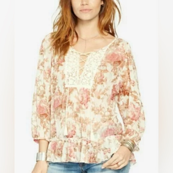 Denim & Supply Ralph Lauren Boho Floral Sheer Blouse W/ Ruffle Size Large - Picture 1 of 4